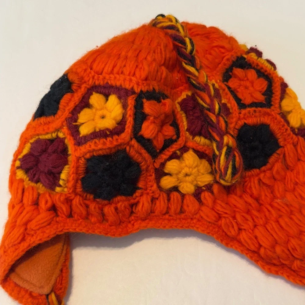 Kids Orange Crochet Floral Granny Square Earflap Hat Fleece Lined Winter Beanie